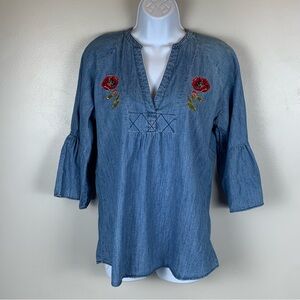 A La tzarina Womens Embroidered Chambray Top Lightweight Size L Peasant‎ Boho